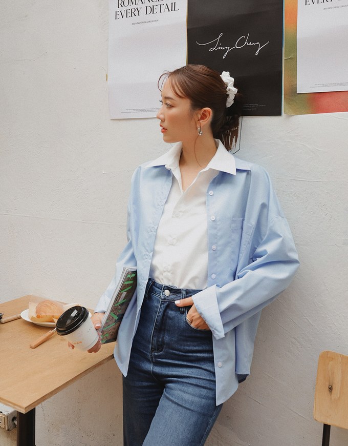 【Ling Cheng Design】Button Down Collared Shirt Blouse with Sleeveless Inner Shirt Set Wear  (Striped / Solid)