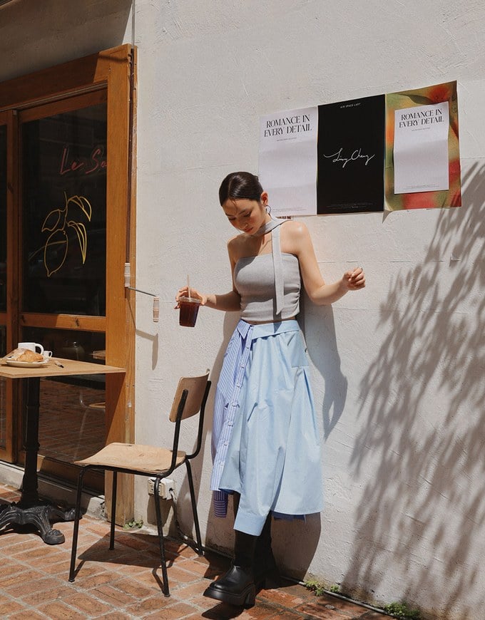 【Ling Cheng Design】Button Down Collared Shirt Blouse with Sleeveless Inner Shirt Set Wear  (Striped / Solid)