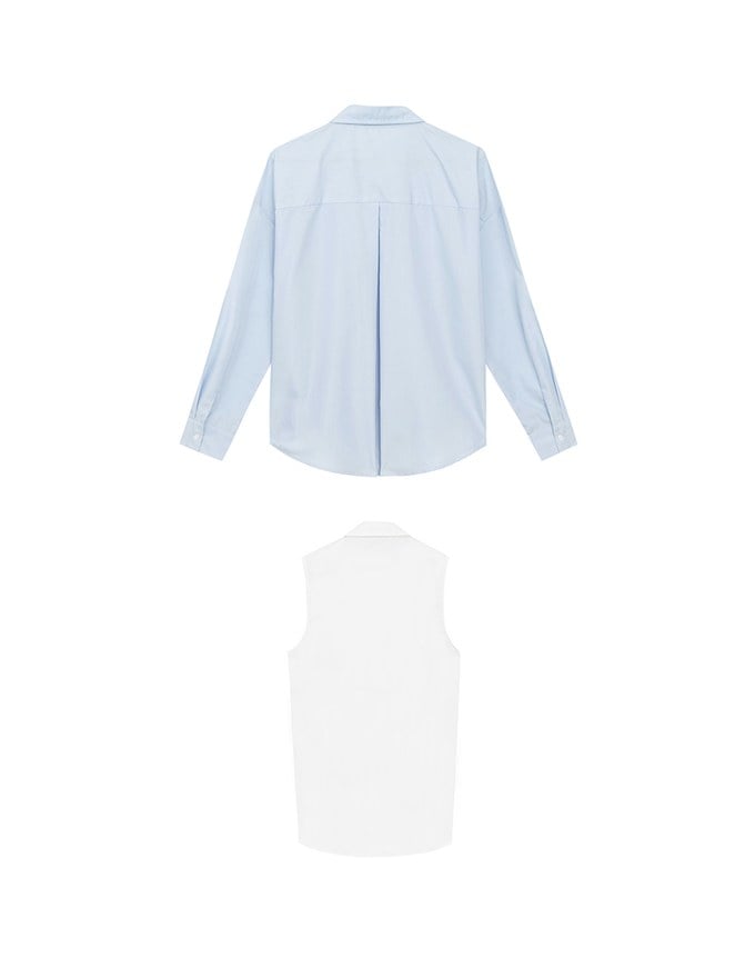 【Ling Cheng Design】Button Down Collared Shirt Blouse with Sleeveless Inner Shirt Set Wear  (Striped / Solid)