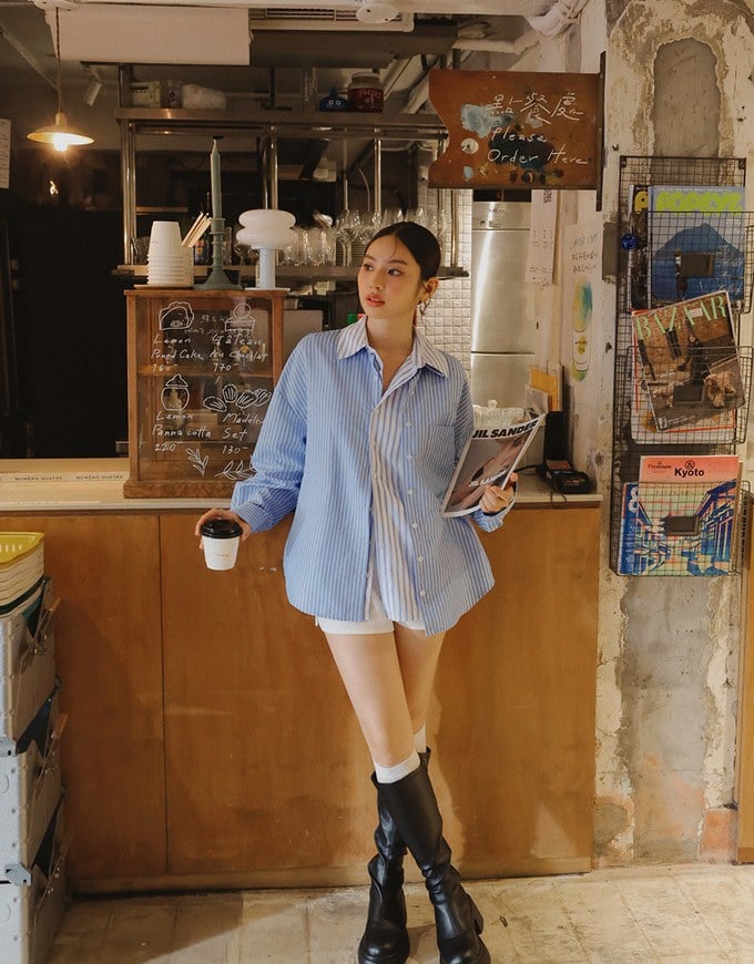 【Ling Cheng Design】Button Down Collared Shirt Blouse with Sleeveless Inner Shirt Set Wear  (Striped / Solid)
