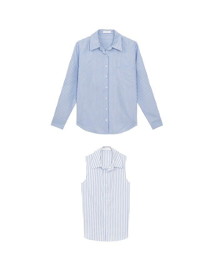 【Ling Cheng Design】Button Down Collared Shirt Blouse with Sleeveless Inner Shirt Set Wear  (Striped / Solid)