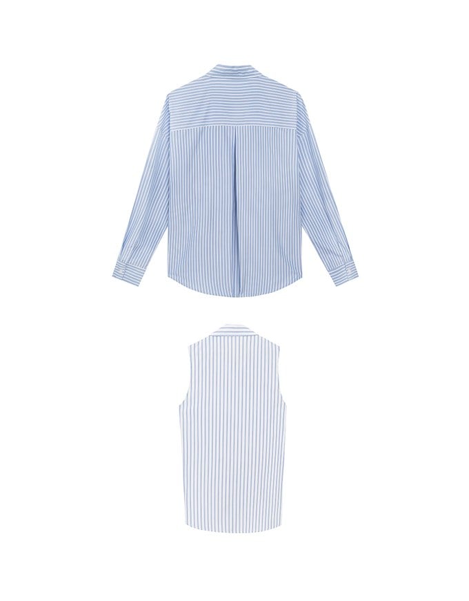 【Ling Cheng Design】Button Down Collared Shirt Blouse with Sleeveless Inner Shirt Set Wear  (Striped / Solid)