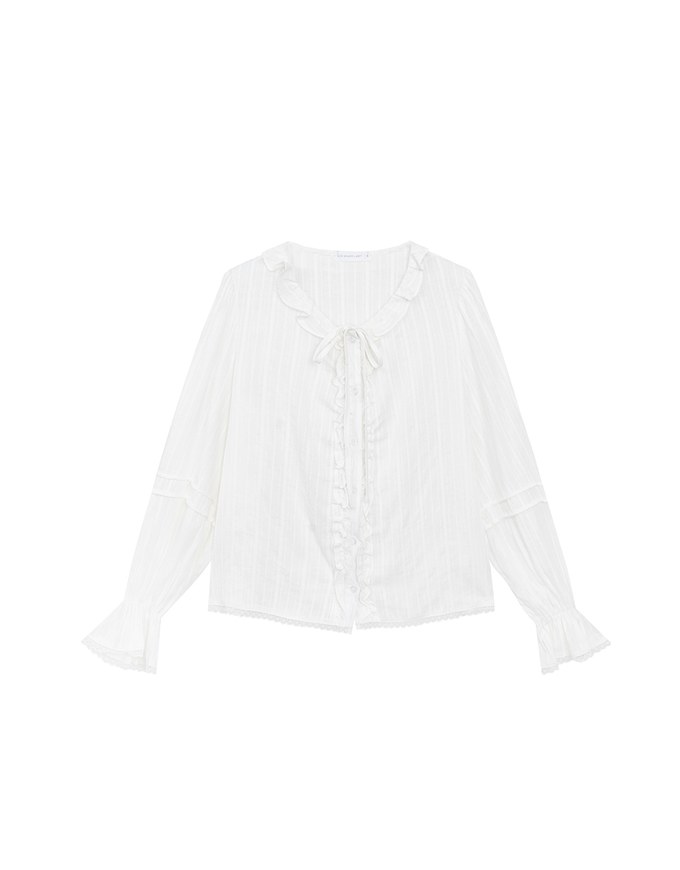 【Ling Cheng Design】Lace Trim Puff Sleeve Button Front Shirt Blouse