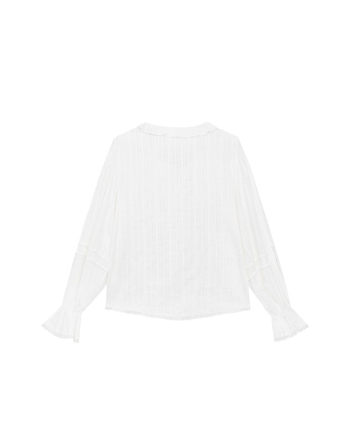 【Ling Cheng Design】Lace Trim Puff Sleeve Button Front Shirt Blouse