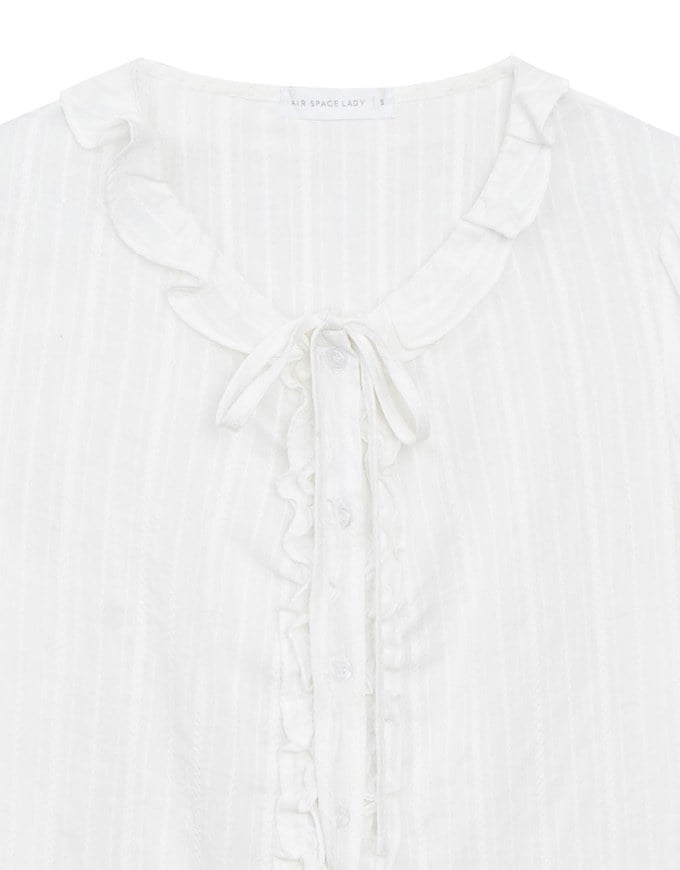 【Ling Cheng Design】Lace Trim Puff Sleeve Button Front Shirt Blouse
