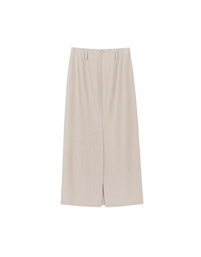 High Waist Pinstripe Slit Back Maxi Skirt