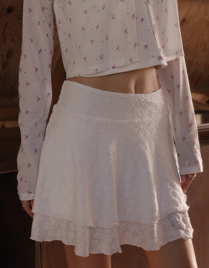 Layered Lace Tiered Hem Flared Mini Skirt