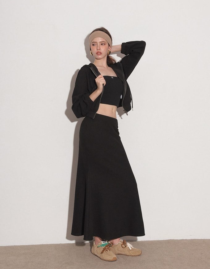 Side Slit Elastic Waist Straight Maxi Skirt