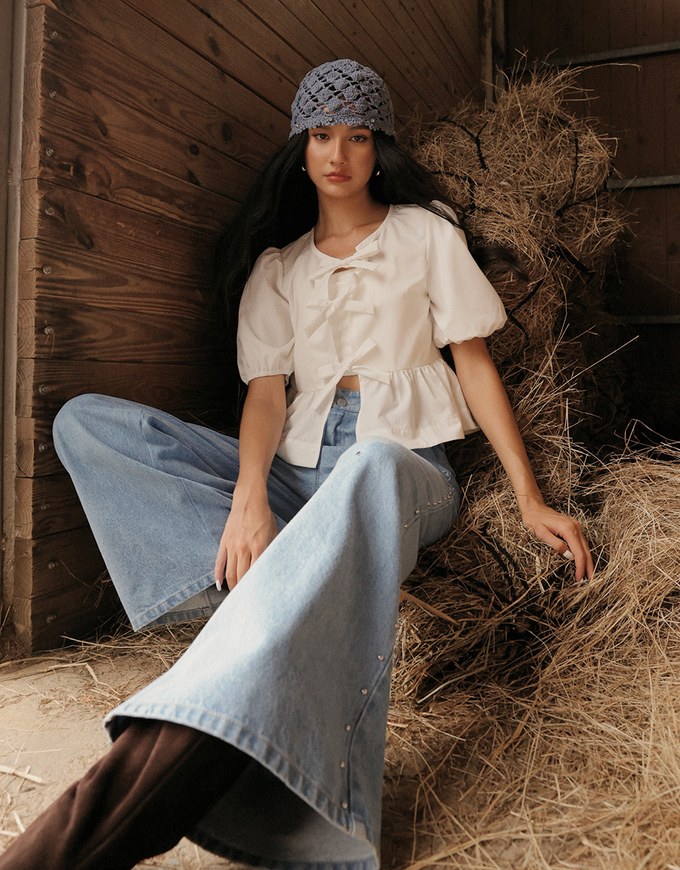 Studded Side Trim Wide Leg Jeans Denim Pants