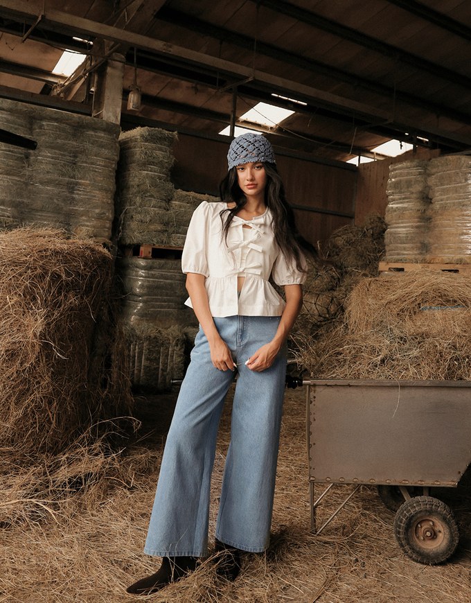 Studded Side Trim Wide Leg Jeans Denim Pants