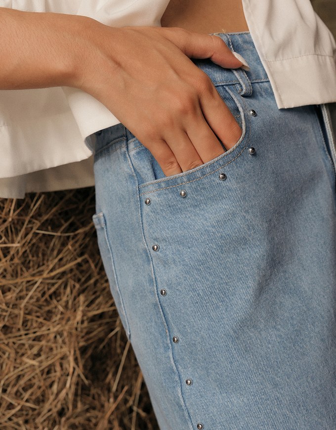 Studded Side Trim Wide Leg Jeans Denim Pants