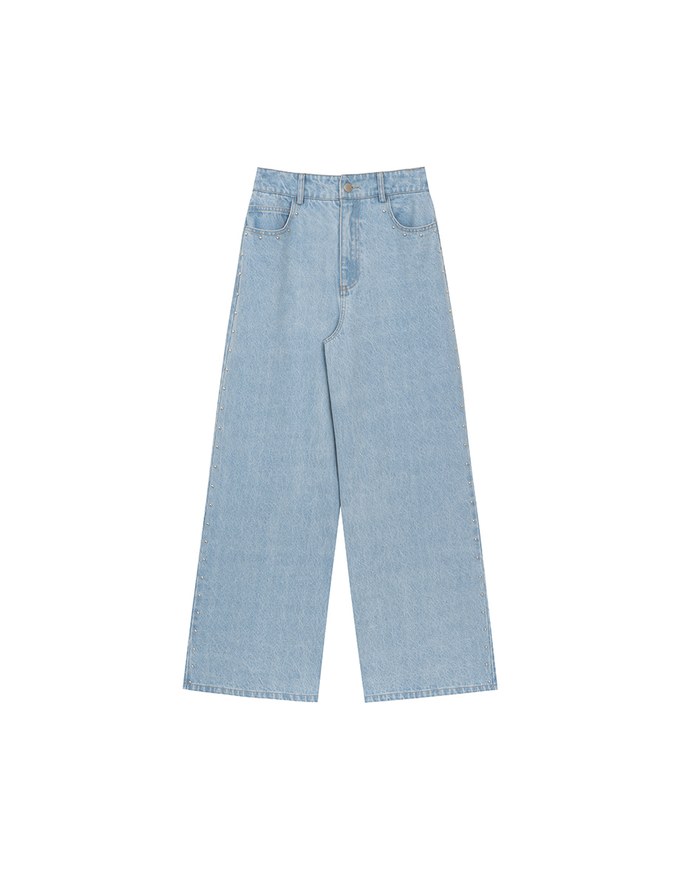 Studded Side Trim Wide Leg Jeans Denim Pants