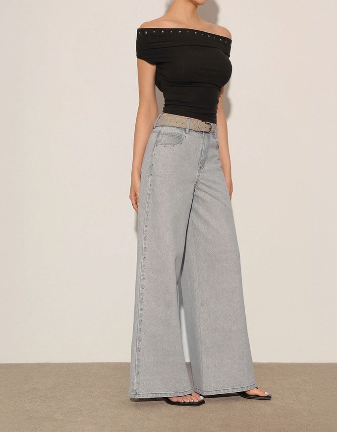 Studded Side Trim Wide Leg Jeans Denim Pants