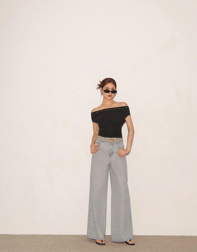 Studded Side Trim Wide Leg Jeans Denim Pants