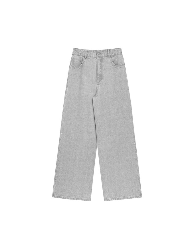 Studded Side Trim Wide Leg Jeans Denim Pants