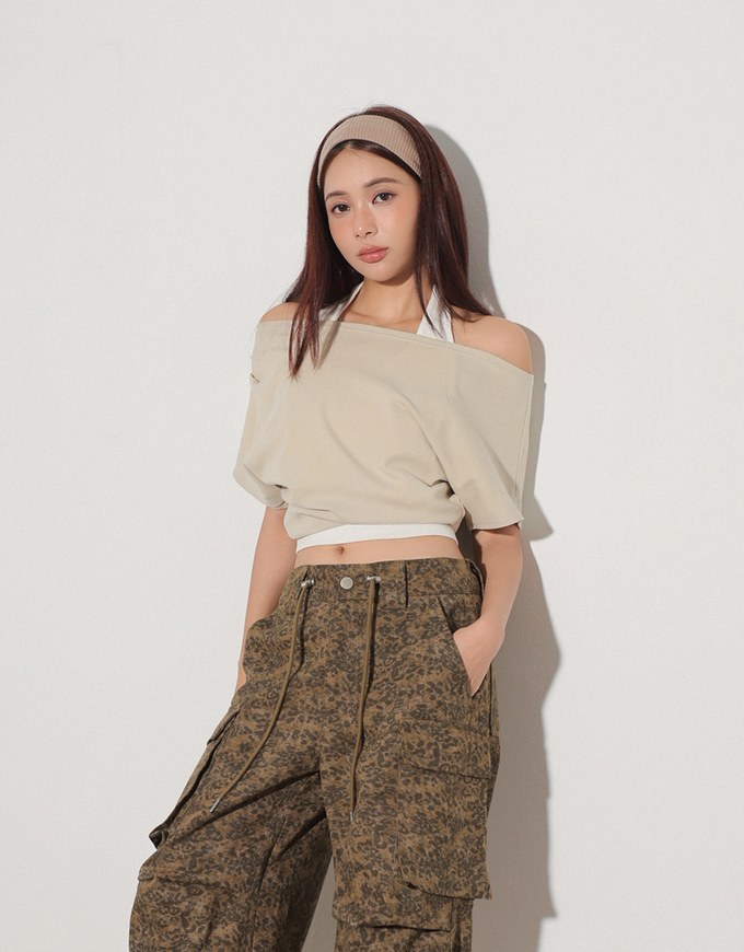 Drawstring Waist Wide Leg Cargo Pants (Camo Print/Leopard Print)