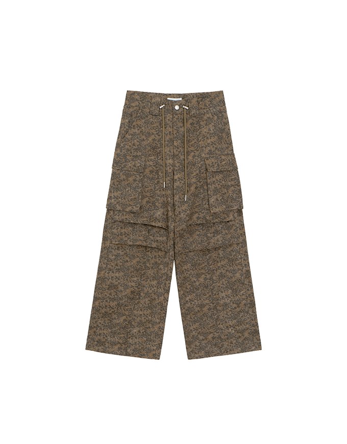Drawstring Waist Wide Leg Cargo Pants (Camo Print/Leopard Print)