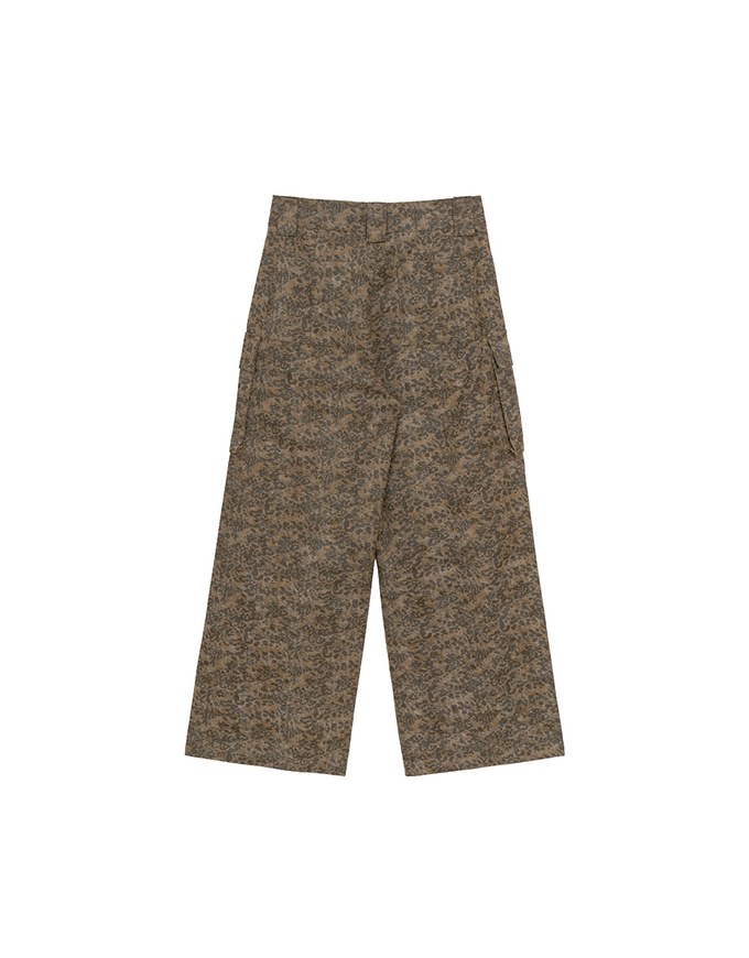Drawstring Waist Wide Leg Cargo Pants (Camo Print/Leopard Print)