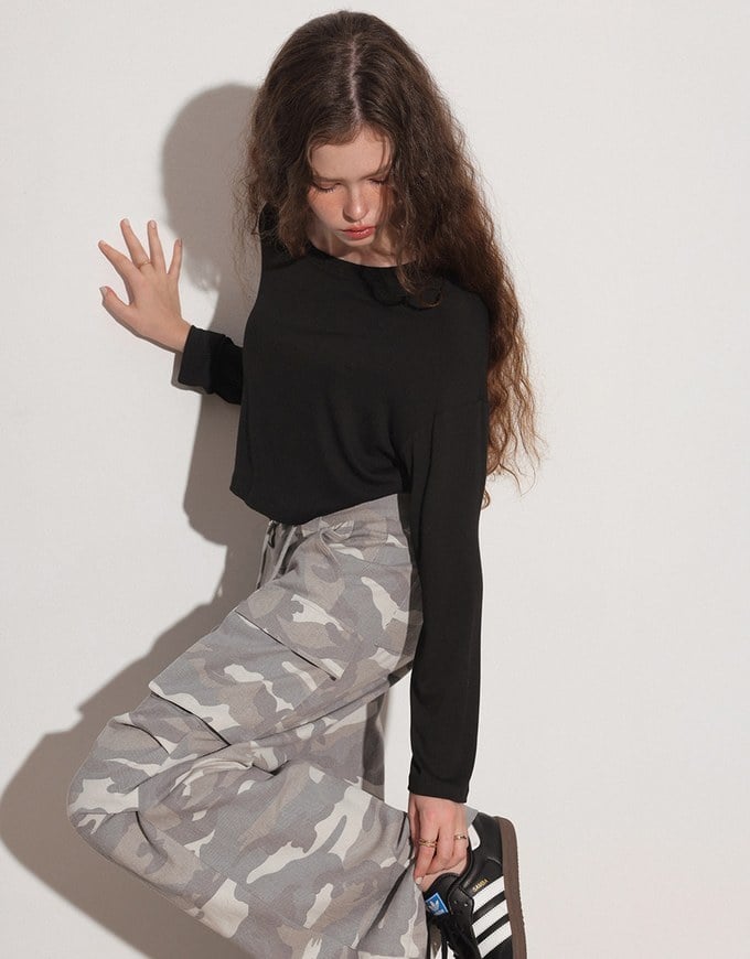 Drawstring Waist Wide Leg Cargo Pants (Camo Print/Leopard Print)