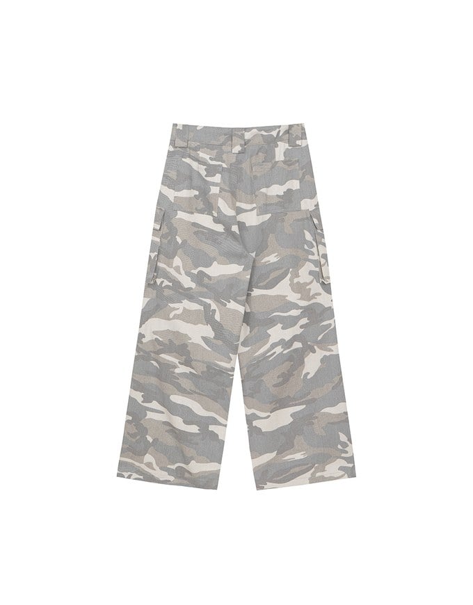 Drawstring Waist Wide Leg Cargo Pants (Camo Print/Leopard Print)