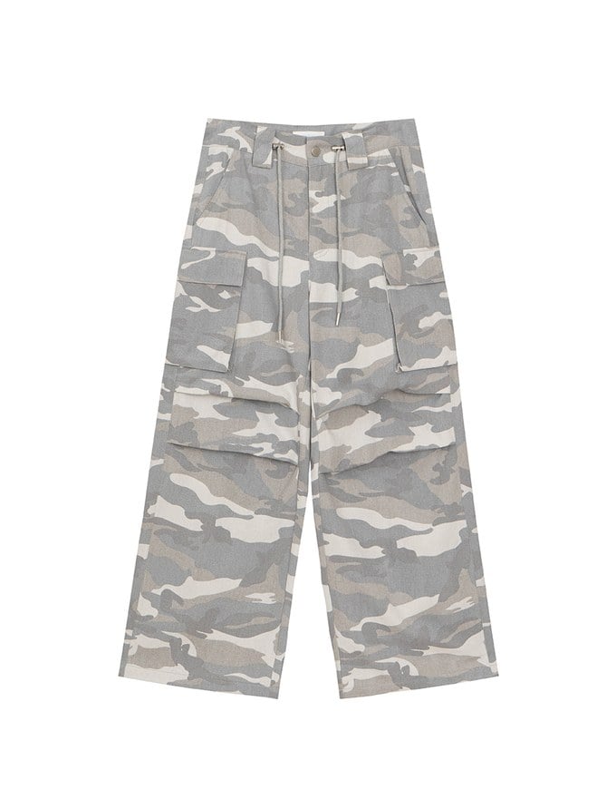 Drawstring Waist Wide Leg Cargo Pants (Camo Print/Leopard Print)