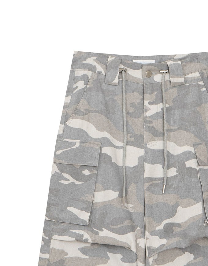 Drawstring Waist Wide Leg Cargo Pants (Camo Print/Leopard Print)