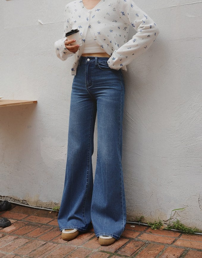 【Ling Cheng Design】Vintage Wash High Waist Jeans Denim Wide Leg Pants