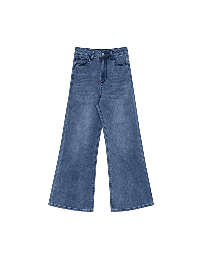 【Ling Cheng Design】Vintage Wash High Waist Jeans Denim Wide Leg Pants