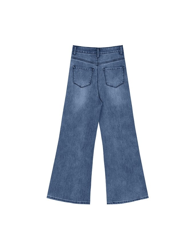 【Ling Cheng Design】Vintage Wash High Waist Jeans Denim Wide Leg Pants