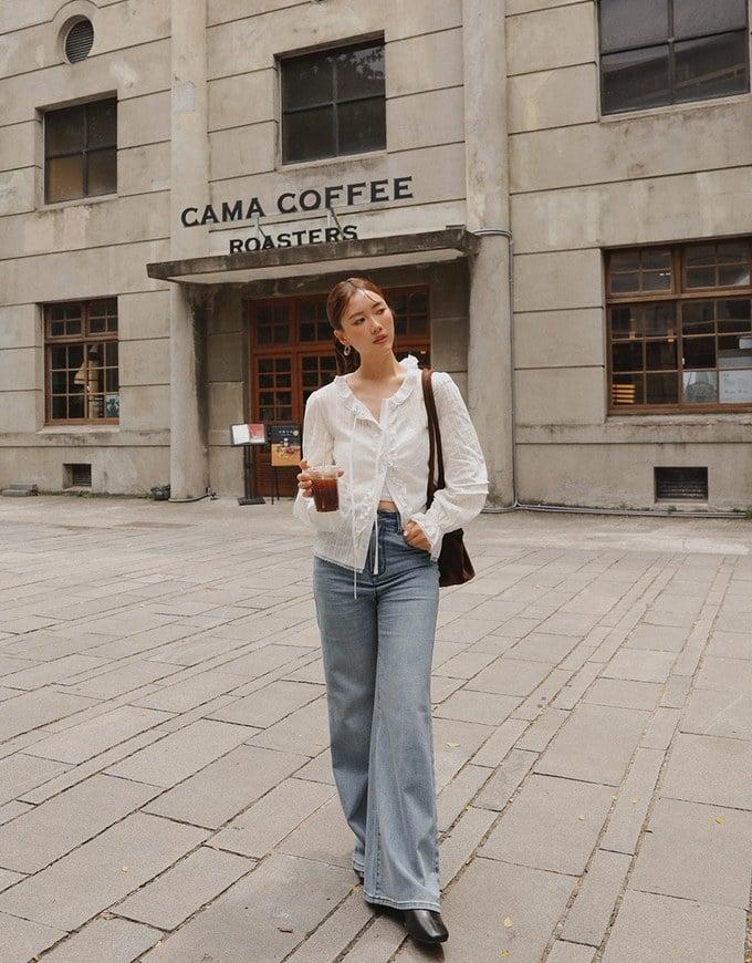 【Ling Cheng Design】Vintage Wash High Waist Jeans Denim Wide Leg Pants