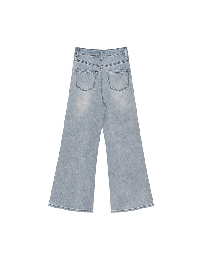 【Ling Cheng Design】Vintage Wash High Waist Jeans Denim Wide Leg Pants