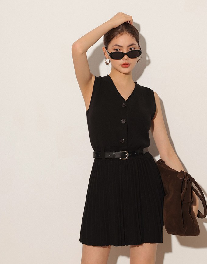 Button Front V Neck Knit Pleated Cami Dress