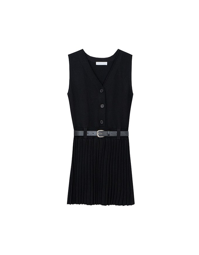 Button Front V Neck Knit Pleated Cami Dress