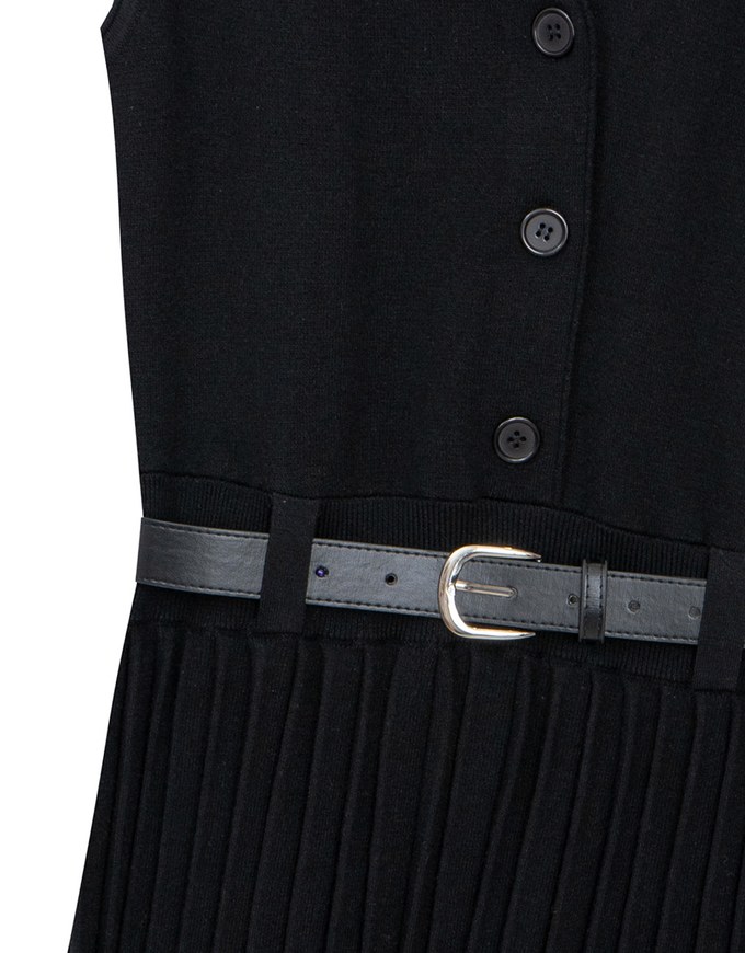 Button Front V Neck Knit Pleated Cami Dress