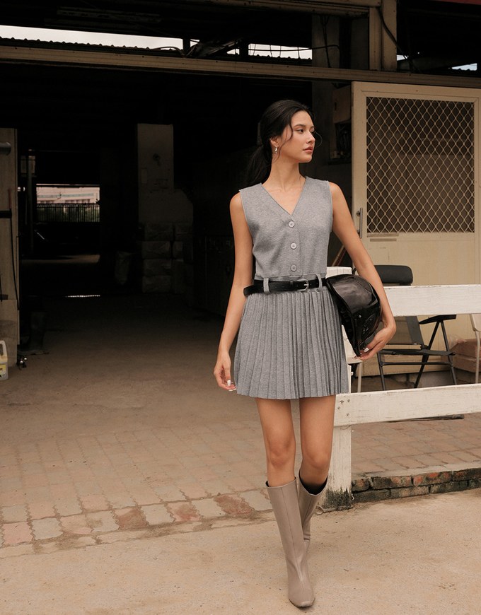 Button Front V Neck Knit Pleated Cami Dress