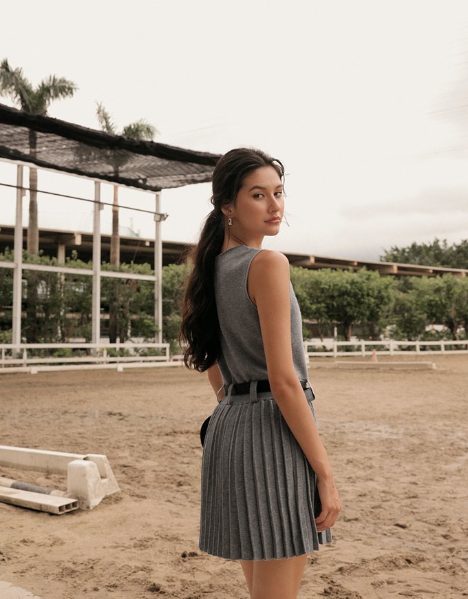 Button Front V Neck Knit Pleated Cami Dress