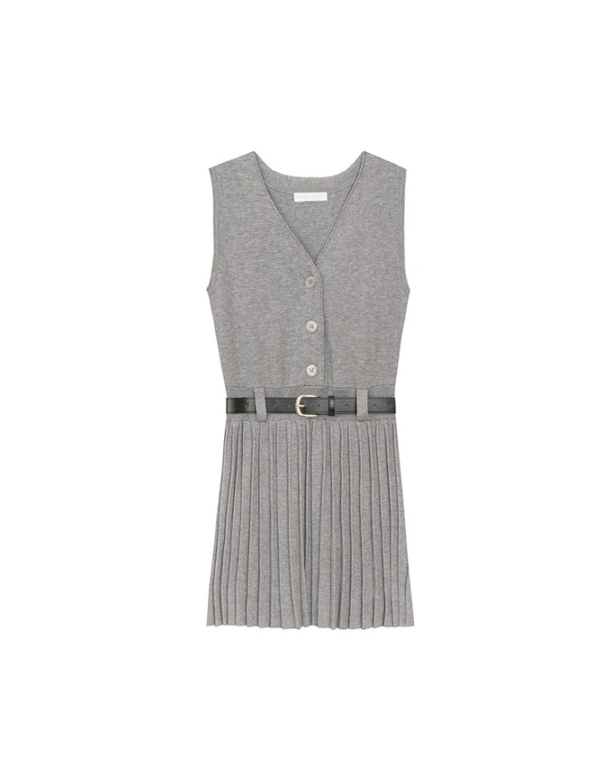 Button Front V Neck Knit Pleated Cami Dress