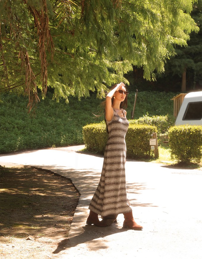 Sleeveless Scoop Neck Striped Knit Bodycon Maxi Dress