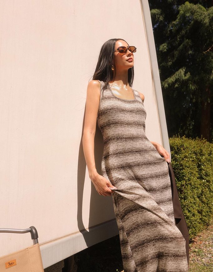 Sleeveless Scoop Neck Striped Knit Bodycon Maxi Dress