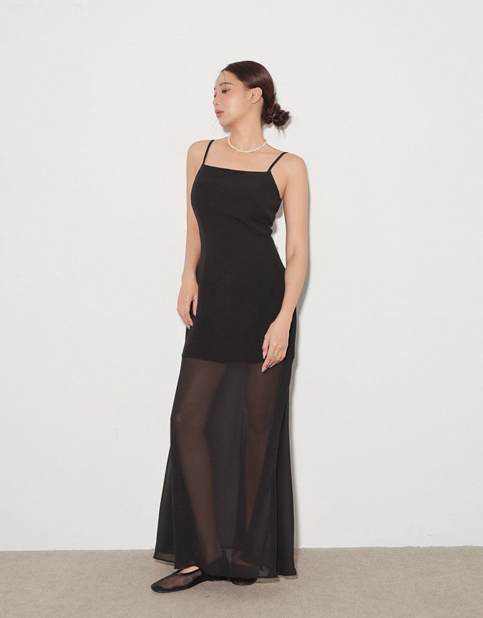 Layered Sheer Panel Spaghetti Strap Padded Maxi Dress
