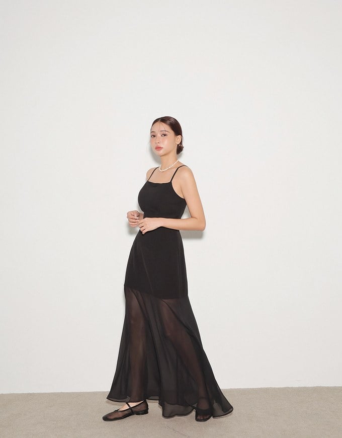 Layered Sheer Panel Spaghetti Strap Padded Maxi Dress