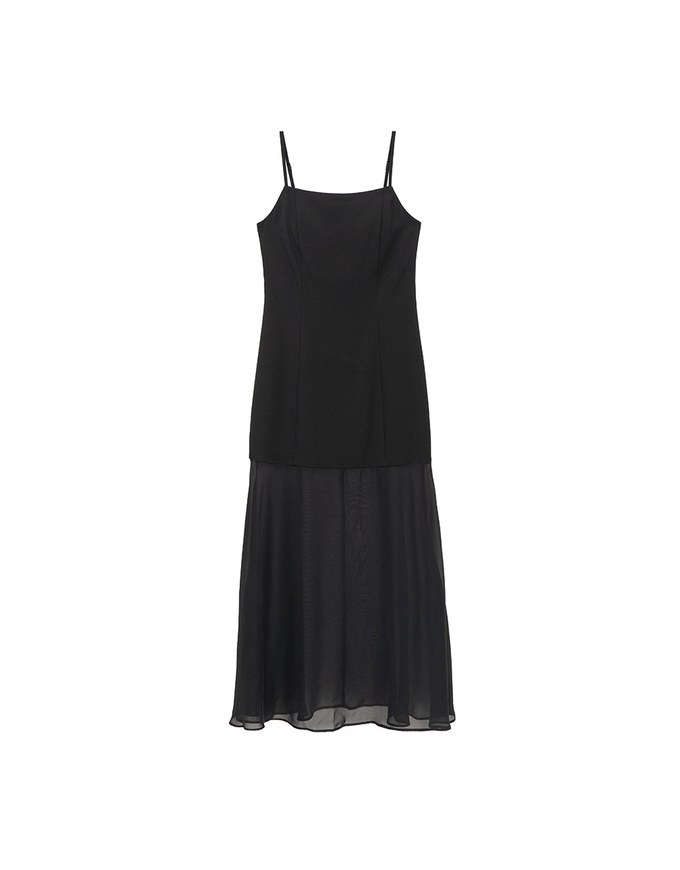 Layered Sheer Panel Spaghetti Strap Padded Maxi Dress