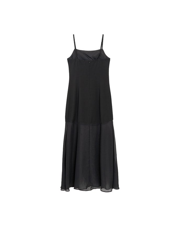 Layered Sheer Panel Spaghetti Strap Padded Maxi Dress