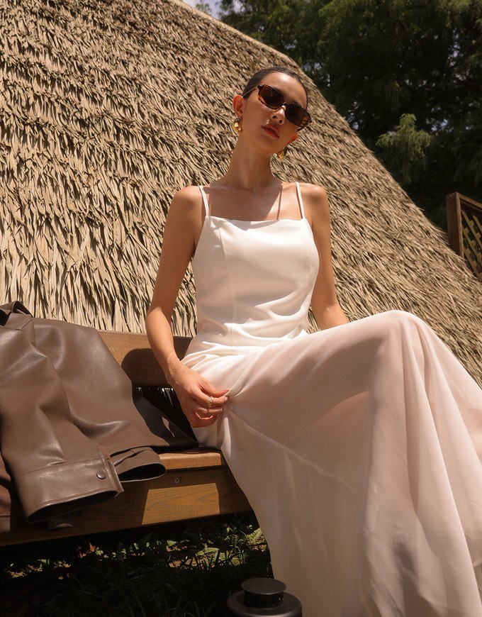 Layered Sheer Panel Spaghetti Strap Padded Maxi Dress