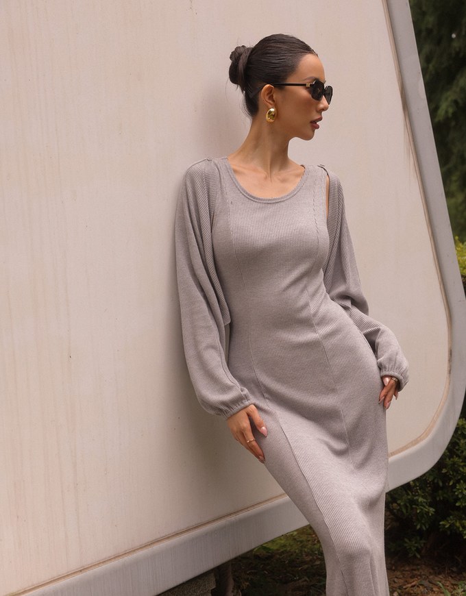 Sleeveless Knit Maxi Dress and Detachable Sleeve Cardigan Set Wear