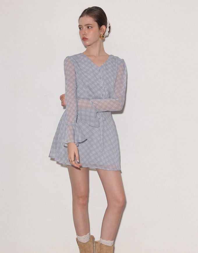 Drawstring Waist V Neck Flare Sleeve Mini Dress with Backless Bow Tie Detail