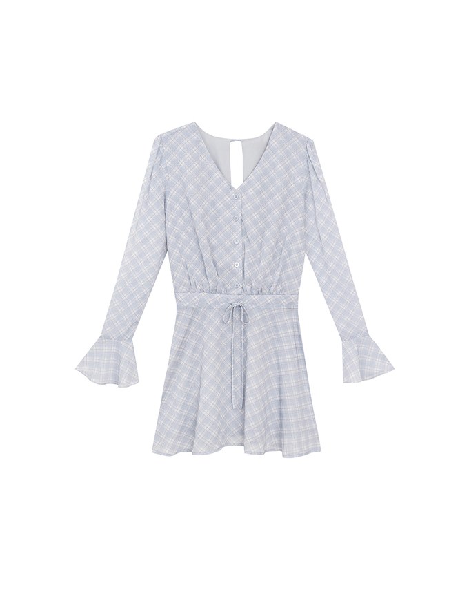 Drawstring Waist V Neck Flare Sleeve Mini Dress with Backless Bow Tie Detail