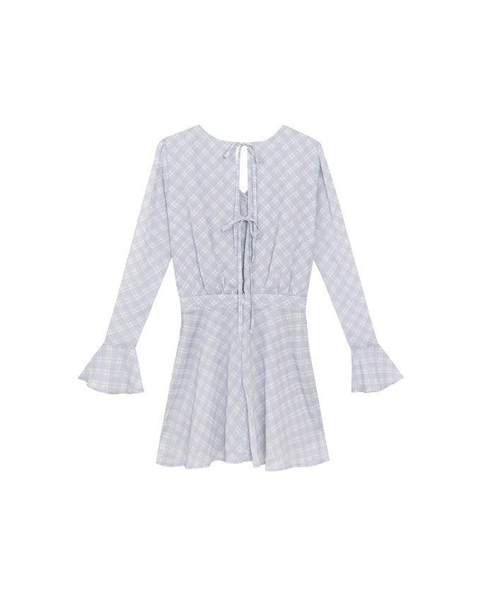 Drawstring Waist V Neck Flare Sleeve Mini Dress with Backless Bow Tie Detail