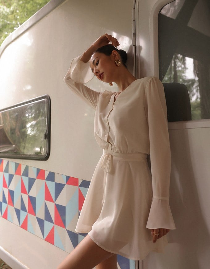 Drawstring Waist V Neck Flare Sleeve Mini Dress with Backless Bow Tie Detail