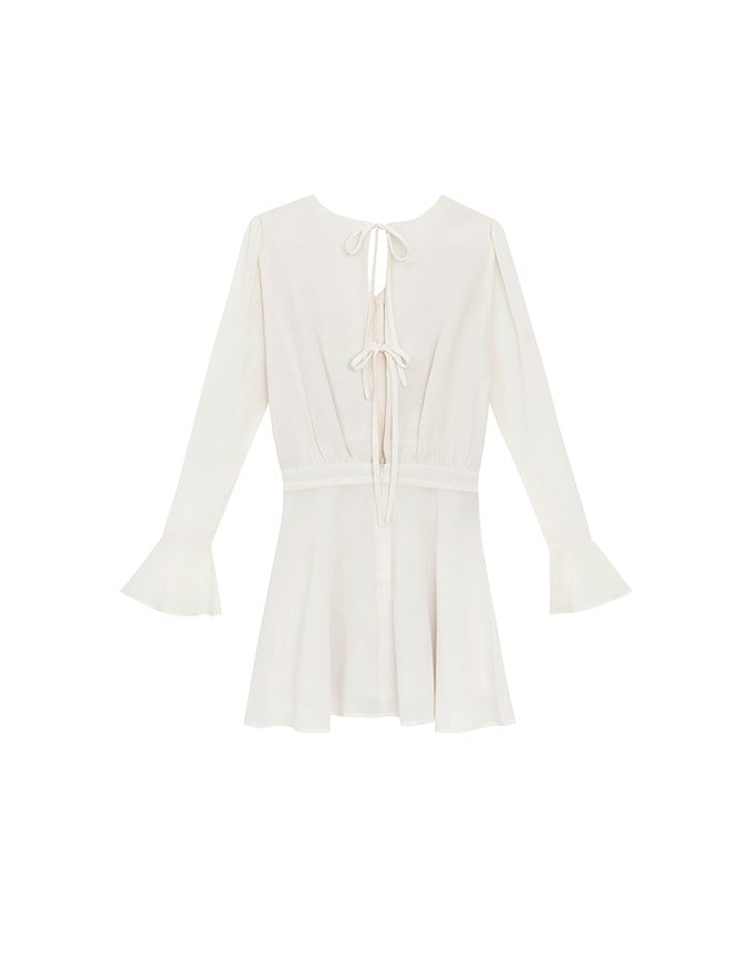 Drawstring Waist V Neck Flare Sleeve Mini Dress with Backless Bow Tie Detail